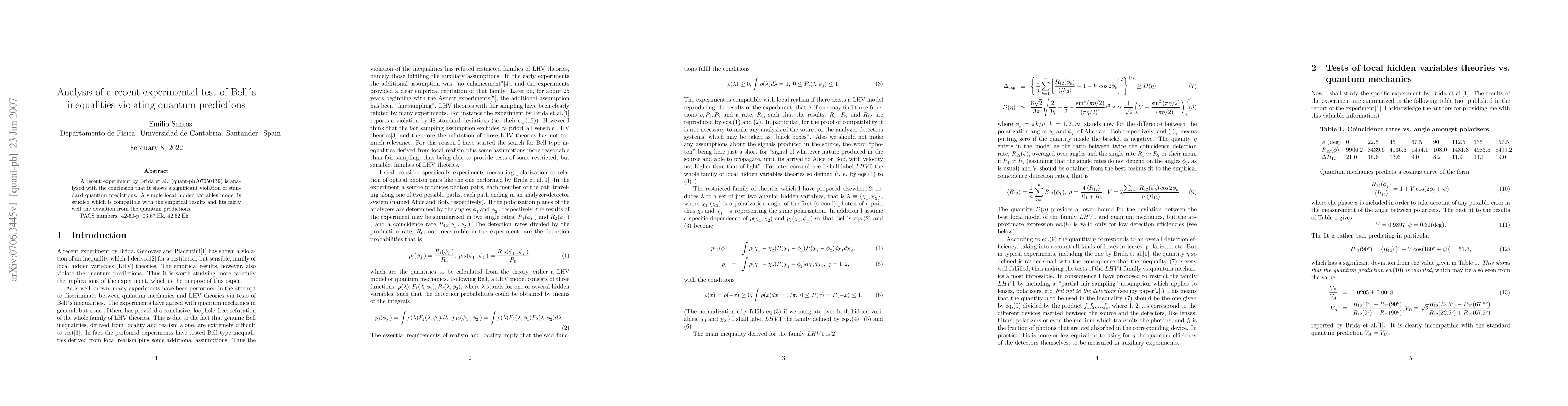 Thumbnail for Analysis of a recent experimental test of Bell inequalities violating
  quantum predictions