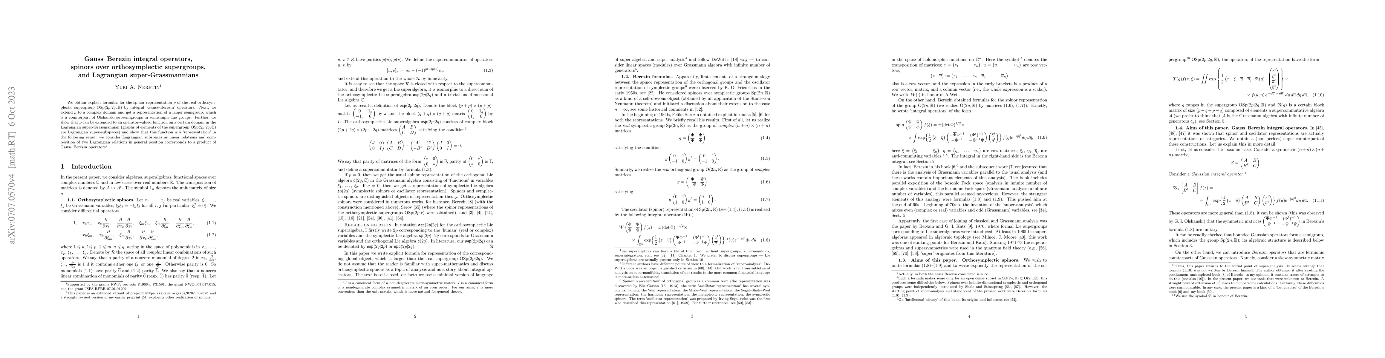Thumbnail for Gauss--Berezin integral operators and spinors over supergroups
  $\mathrm{OSp}(2p|2q)$, and Lagrangian super-Grasmannians