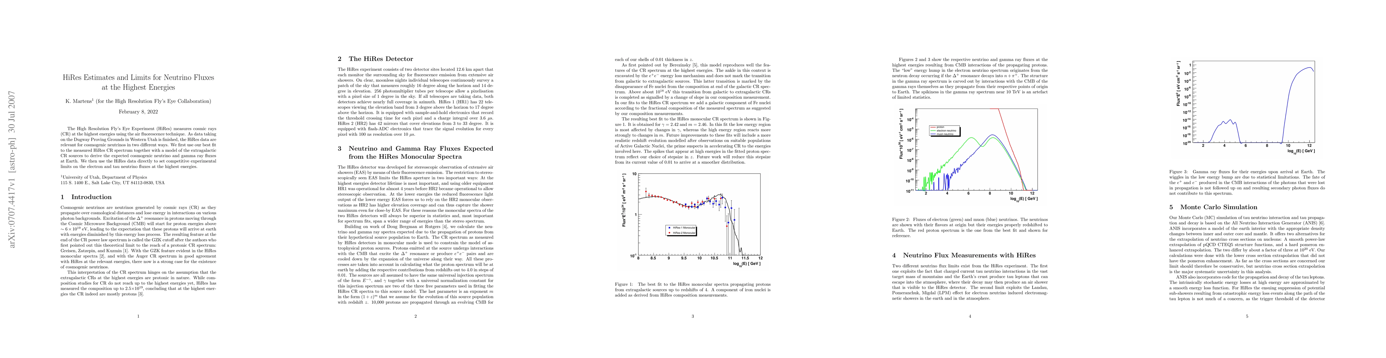 Thumbnail for HiRes Estimates and Limits for Neutrino Fluxes at the Highest Energies