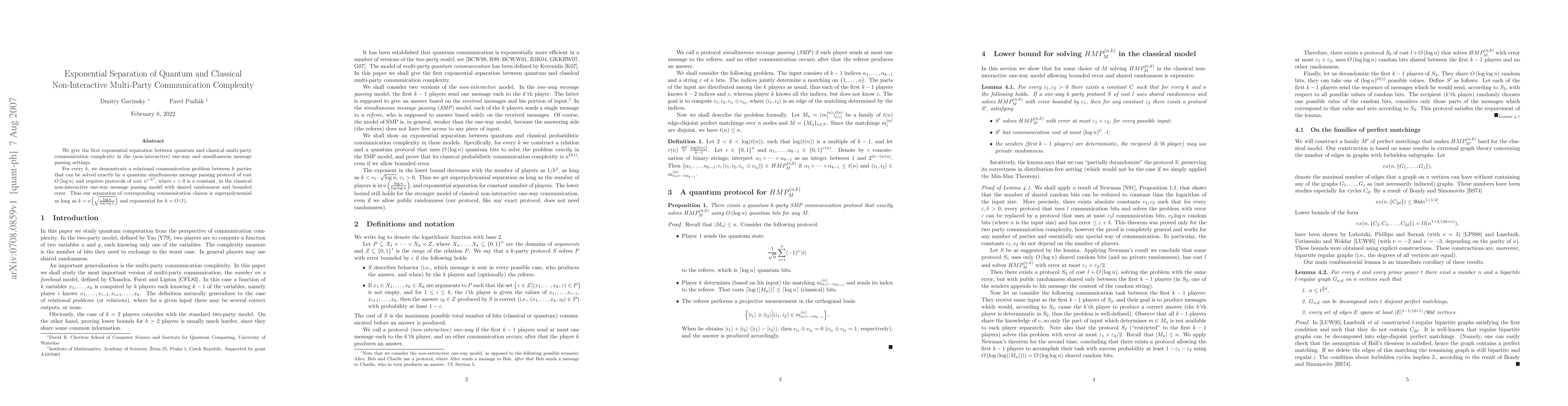 Thumbnail for Exponential Separation of Quantum and Classical Non-Interactive
  Multi-Party Communication Complexity