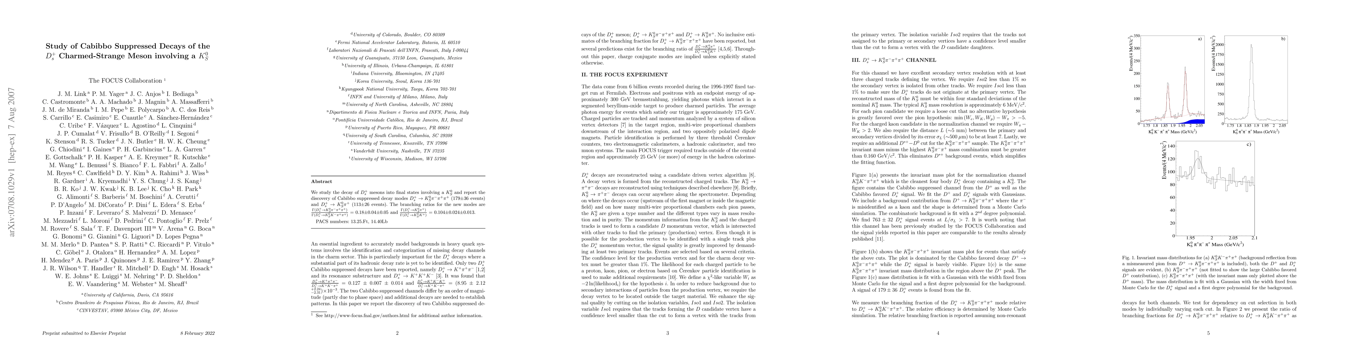 Thumbnail for Study of Cabibbo Suppressed Decays of the Ds Charmed-Strange Meson
  involving a KS