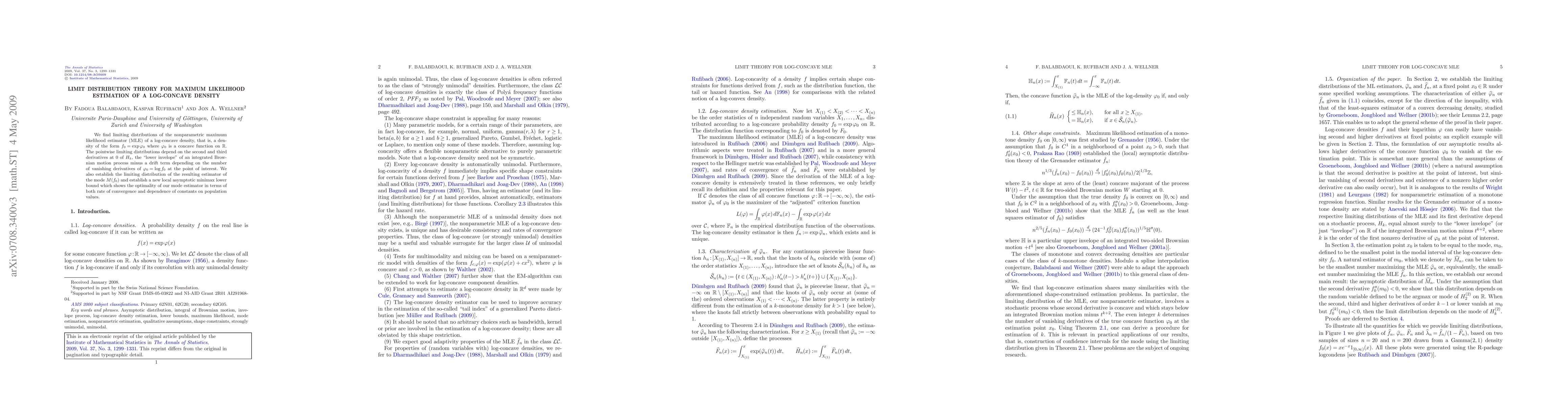 Thumbnail for Limit distribution theory for maximum likelihood estimation of a
  log-concave density