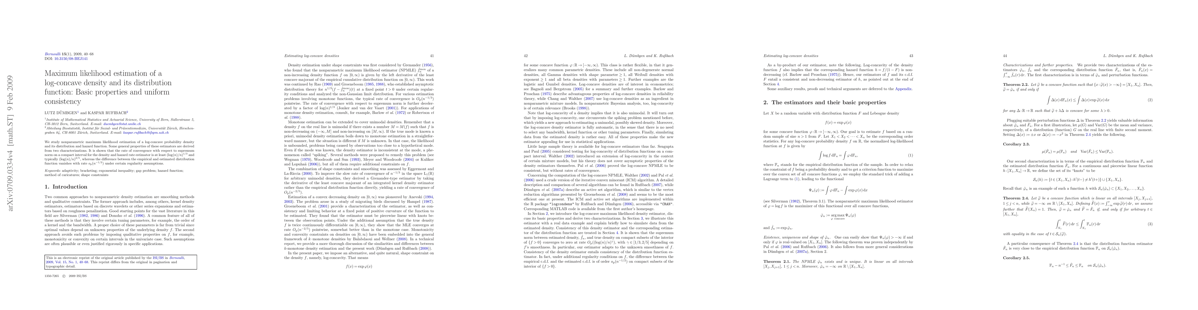 Thumbnail for Maximum likelihood estimation of a log-concave density and its
  distribution function: Basic properties and uniform consistency