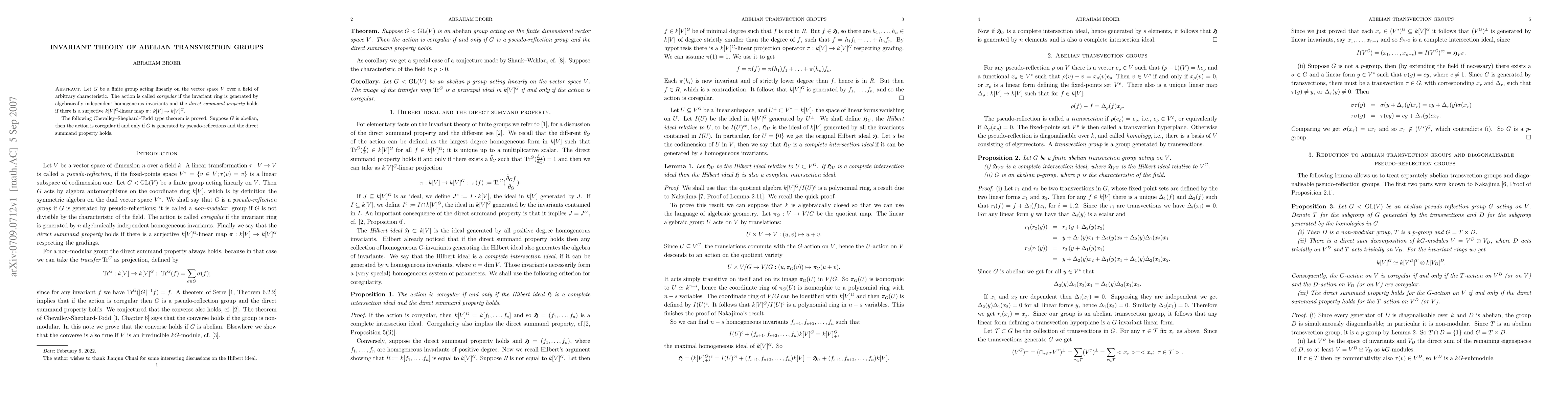 Thumbnail for Invariant theory of abelian transvection groups