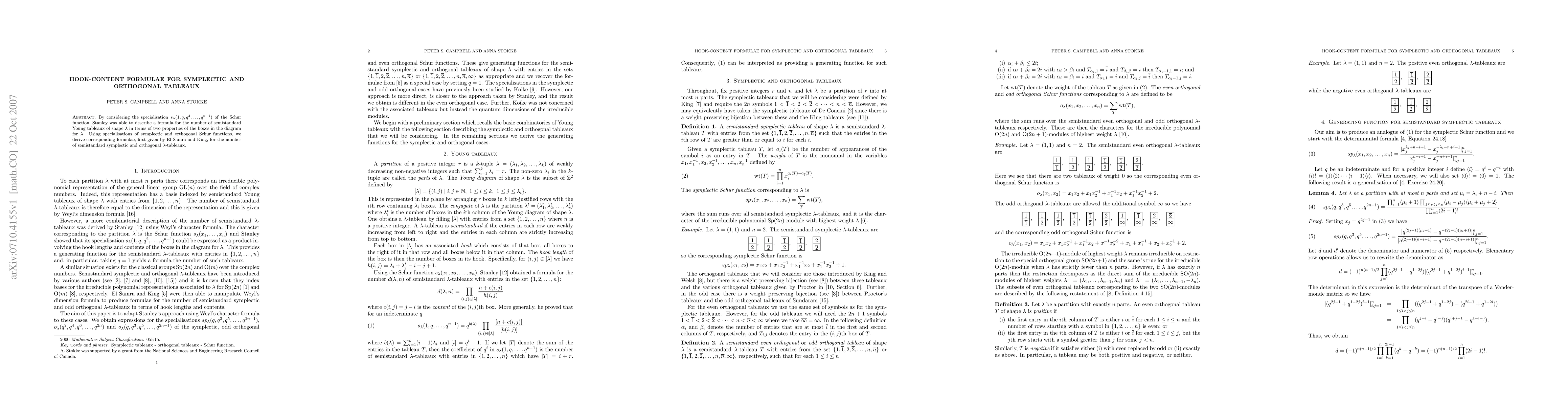 Thumbnail for Hook-content formulae for symplectic and orthogonal tableaux