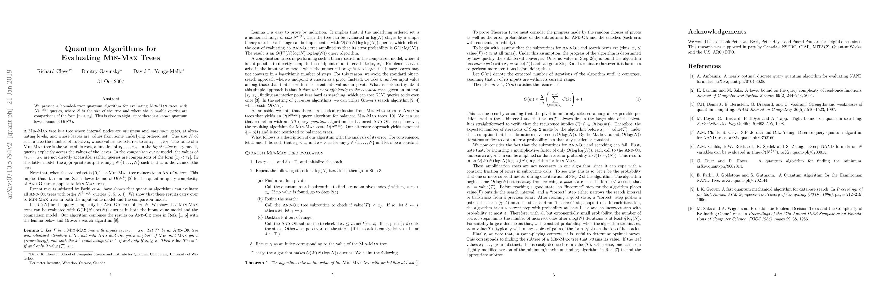 Thumbnail for Quantum Algorithms for Evaluating MIN-MAX Trees