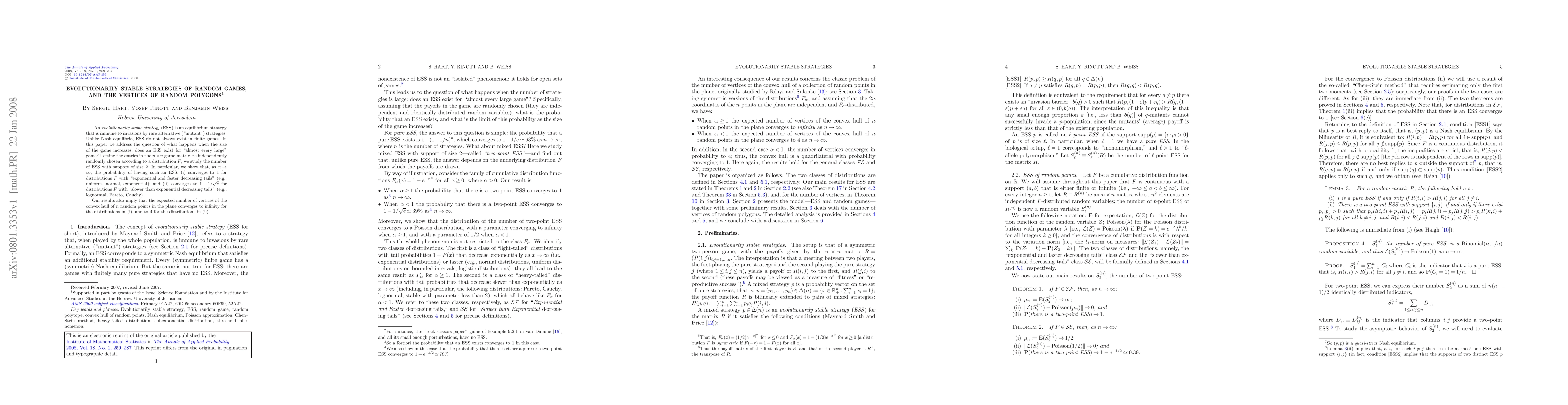 Thumbnail for Evolutionarily stable strategies of random games, and the vertices of
  random polygons