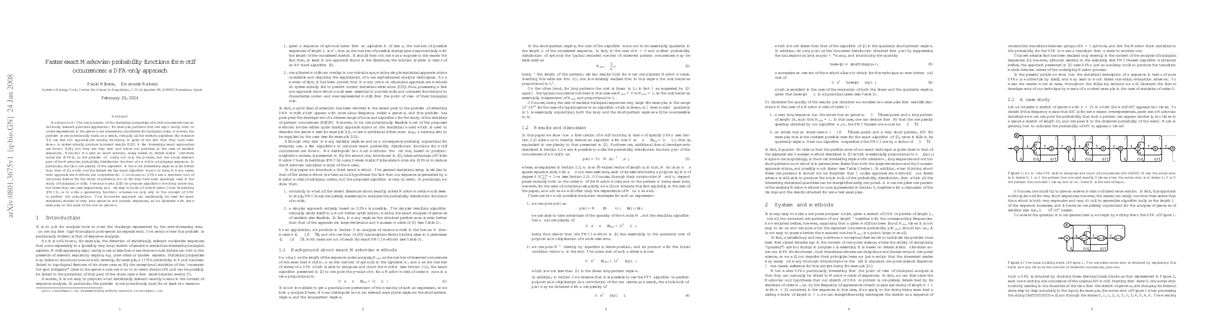 Thumbnail for Faster exact Markovian probability functions for motif occurrences: a
  DFA-only approach