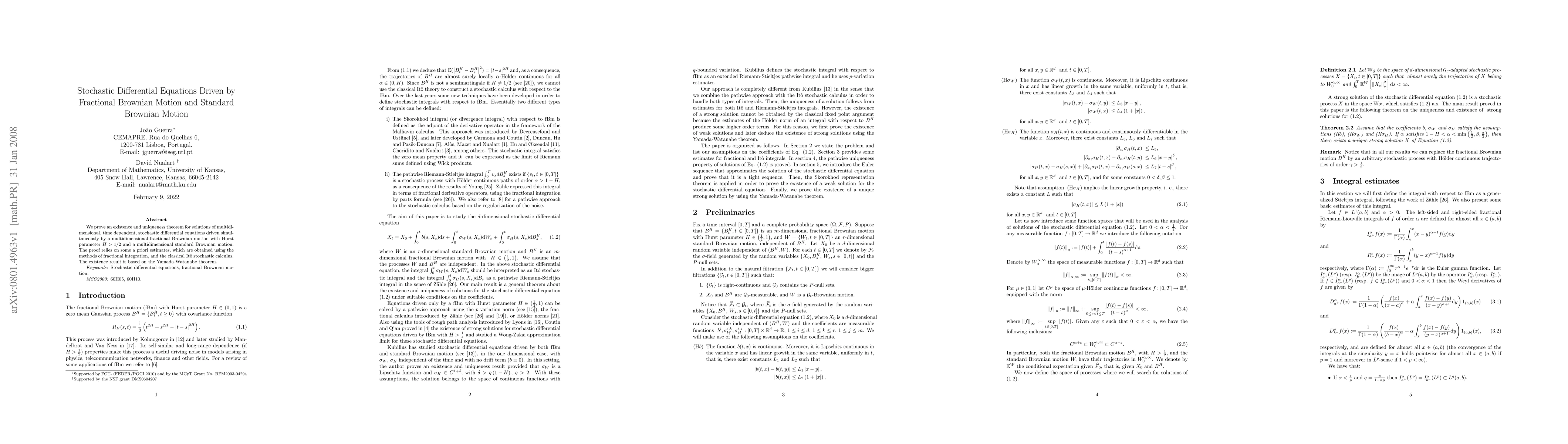 Thumbnail for Stochastic Differential Equations Driven by Fractional Brownian Motion
  and Standard Brownian Motion