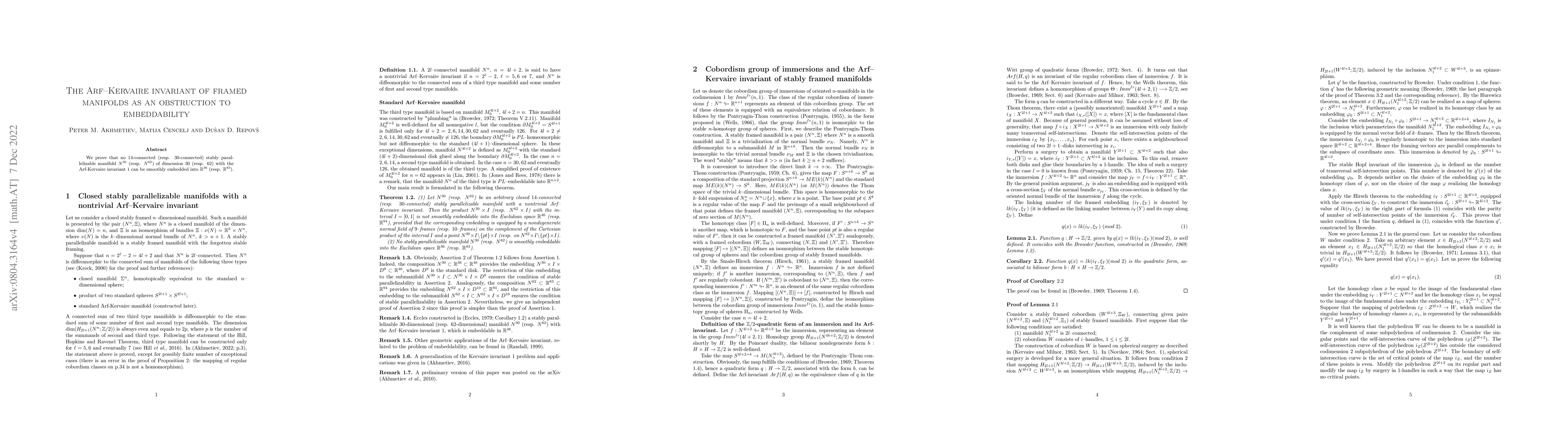 Thumbnail for The Arf-Kervaire invariant of framed manifolds as an obstruction to
  embeddability