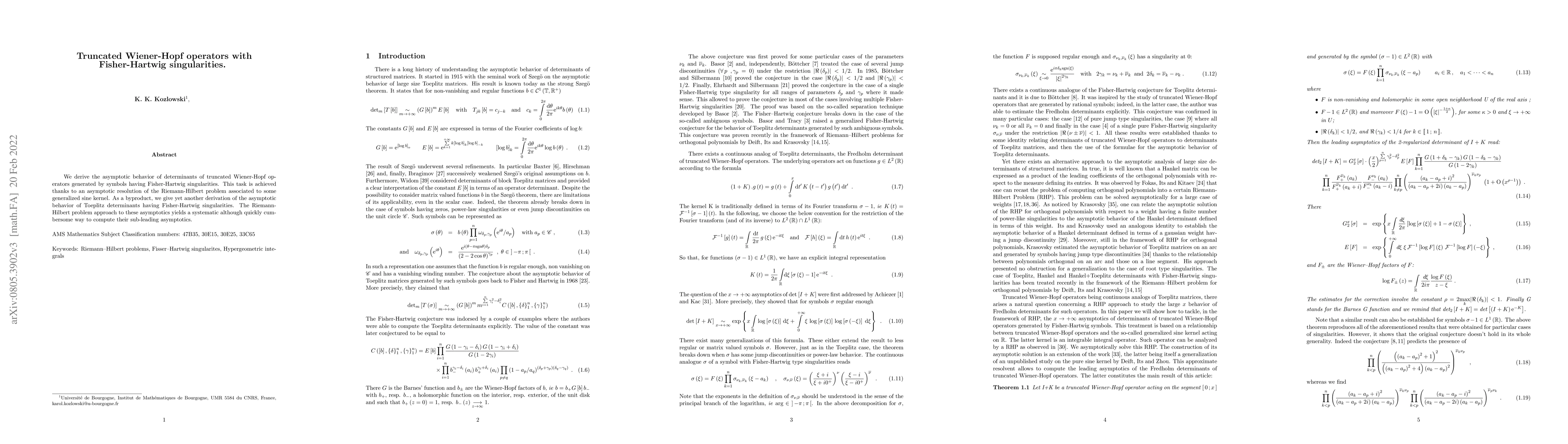 Thumbnail for Truncated Wiener-Hopf operators with Fisher Hartwig singularities