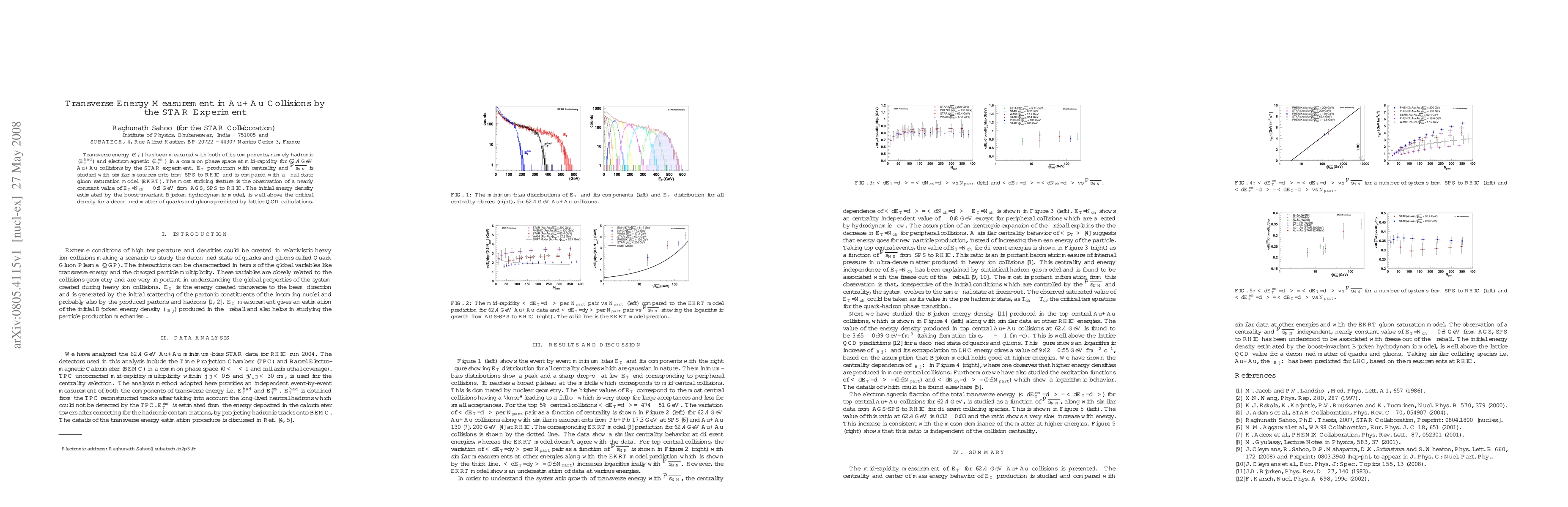 Thumbnail for Transverse Energy Measurement in Au+Au Collisions by the STAR Experiment