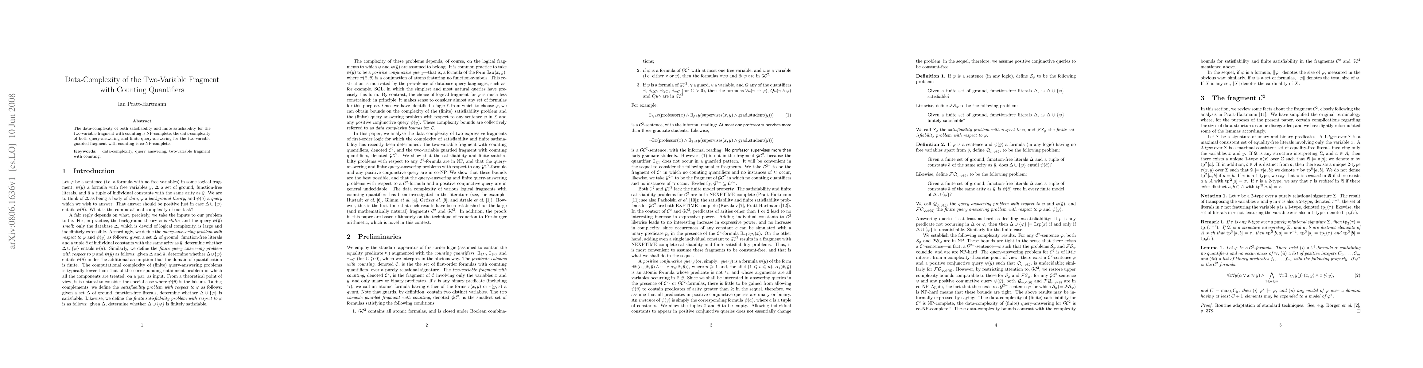 Thumbnail for Data-Complexity of the Two-Variable Fragment with Counting Quantifiers