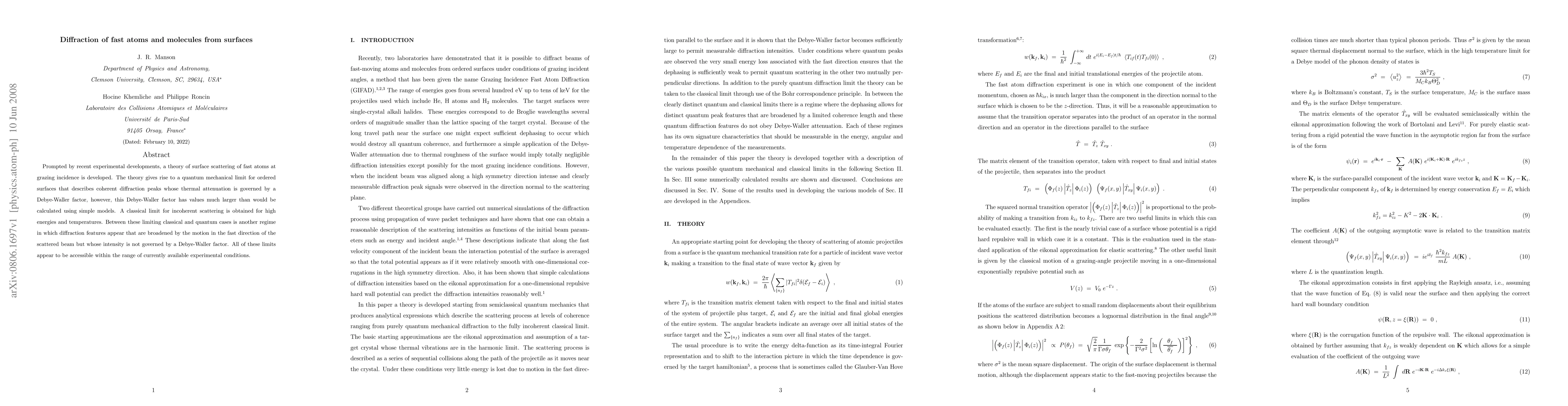 Thumbnail for Diffraction of fast atoms and molecules from surfaces