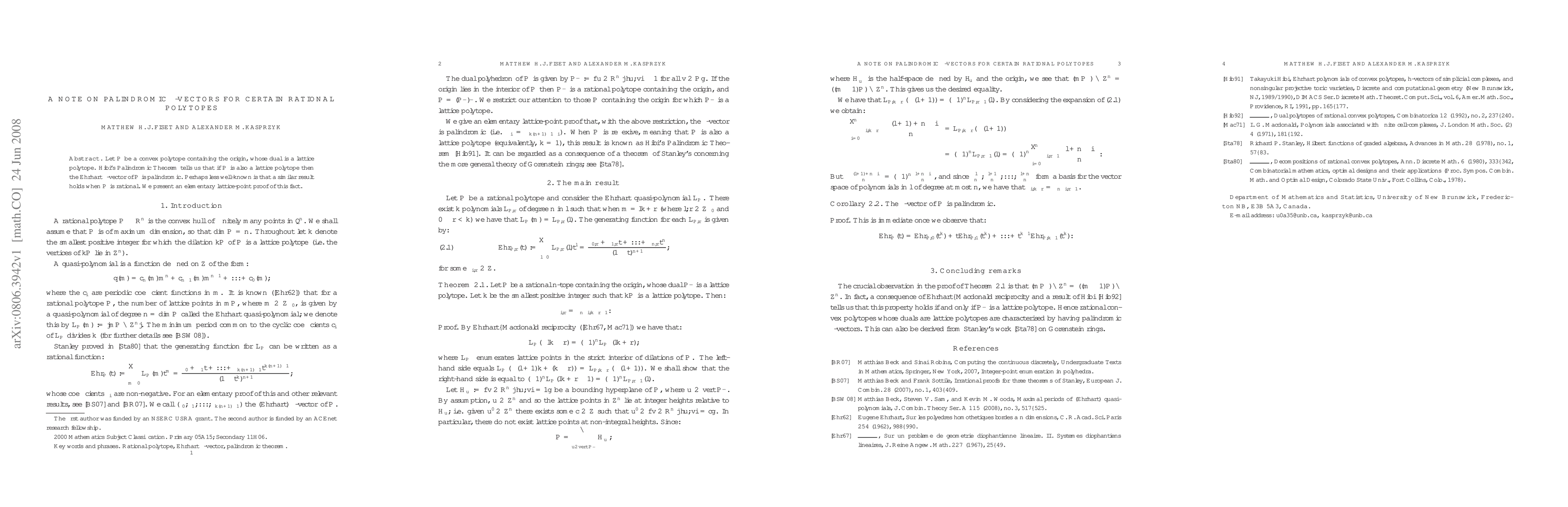 Thumbnail for A note on palindromic $\delta$-vectors for certain rational polytopes
