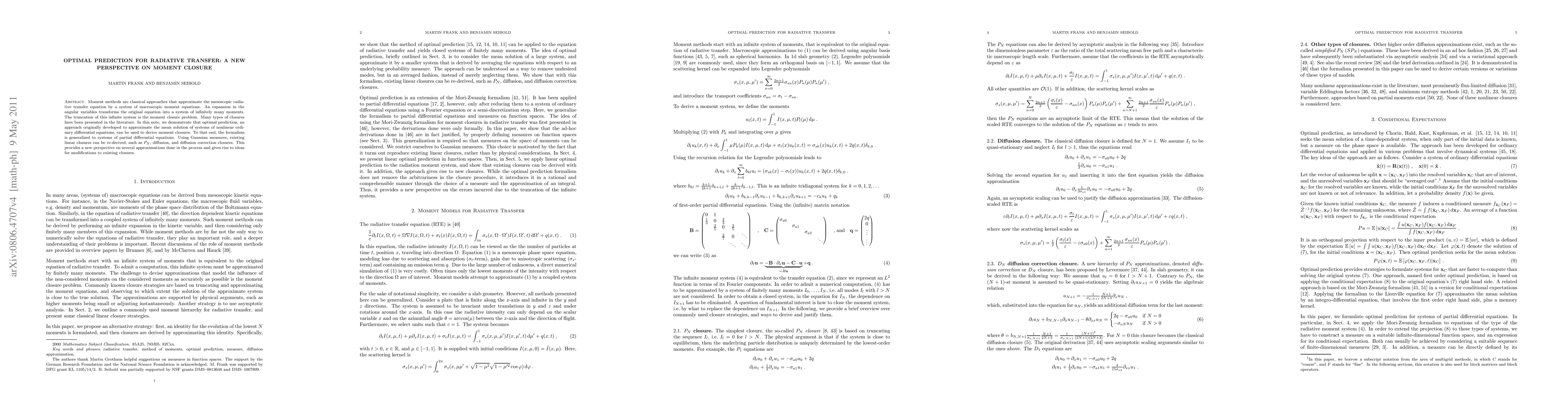 Thumbnail for Optimal prediction for radiative transfer: A new perspective on moment
  closure