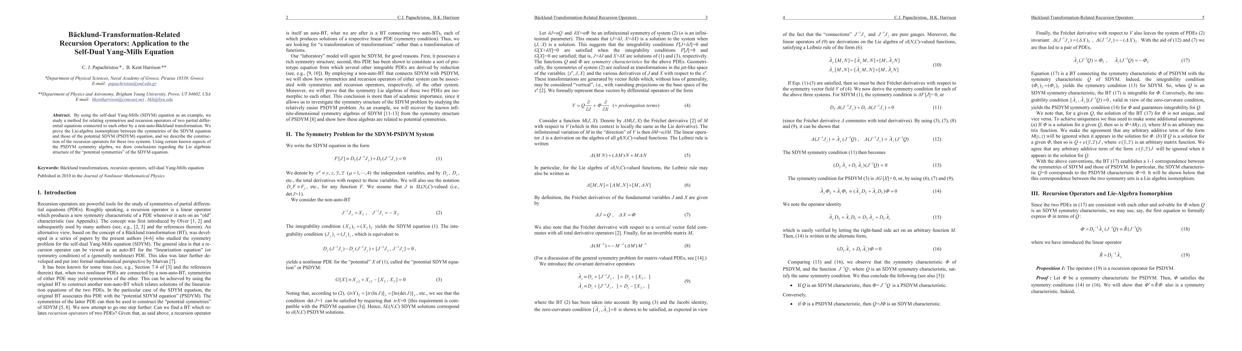 Thumbnail for Backlund-Transformation-Related Recursion Operators: Application to the
  Self-Dual Yang-Mills Equation