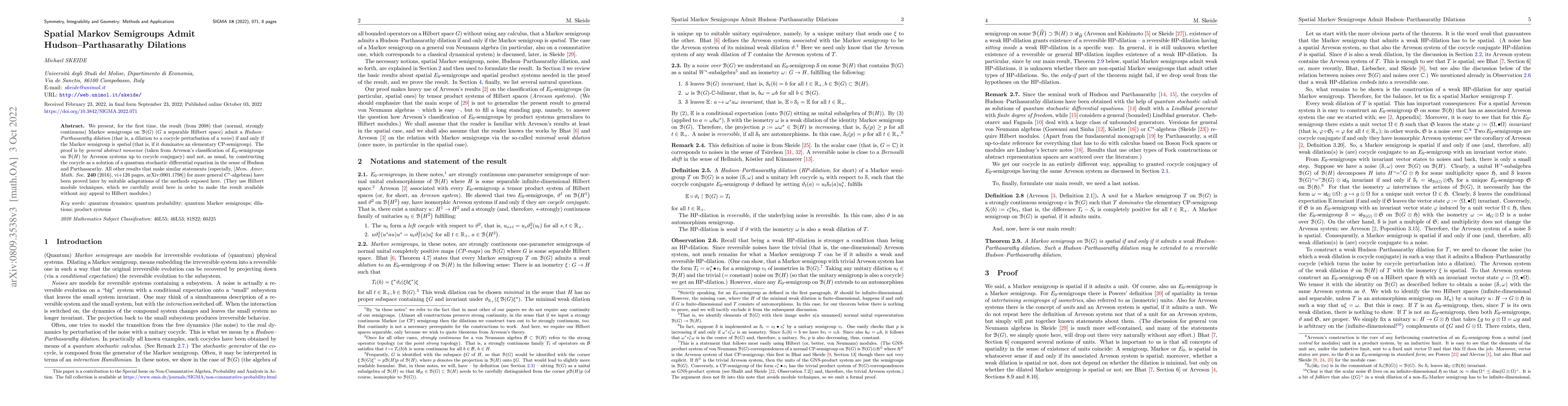 Thumbnail for Spatial Markov Semigroups Admit Hudson-Parthasarathy Dilations