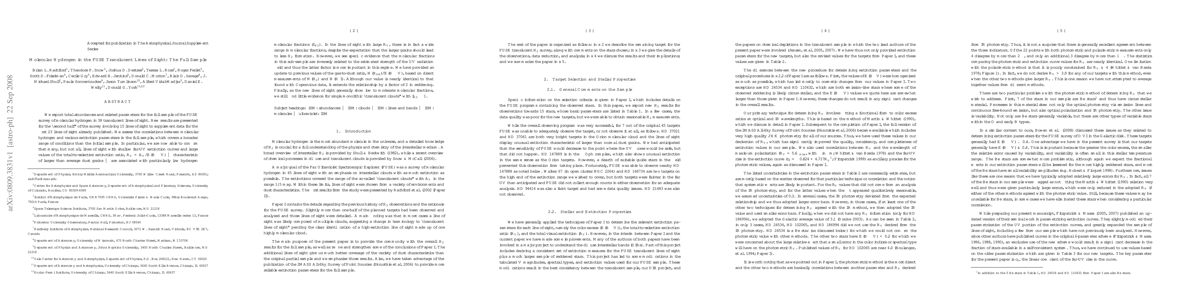 Thumbnail for Molecular Hydrogen in the FUSE Translucent Lines of Sight: The Full
  Sample