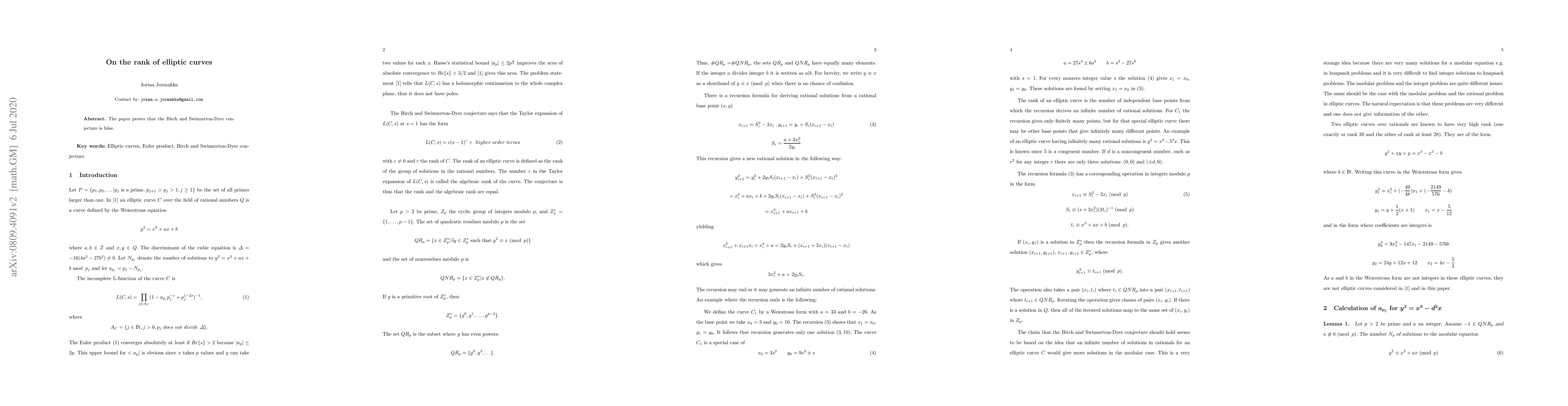 Thumbnail for On the rank of elliptic curves