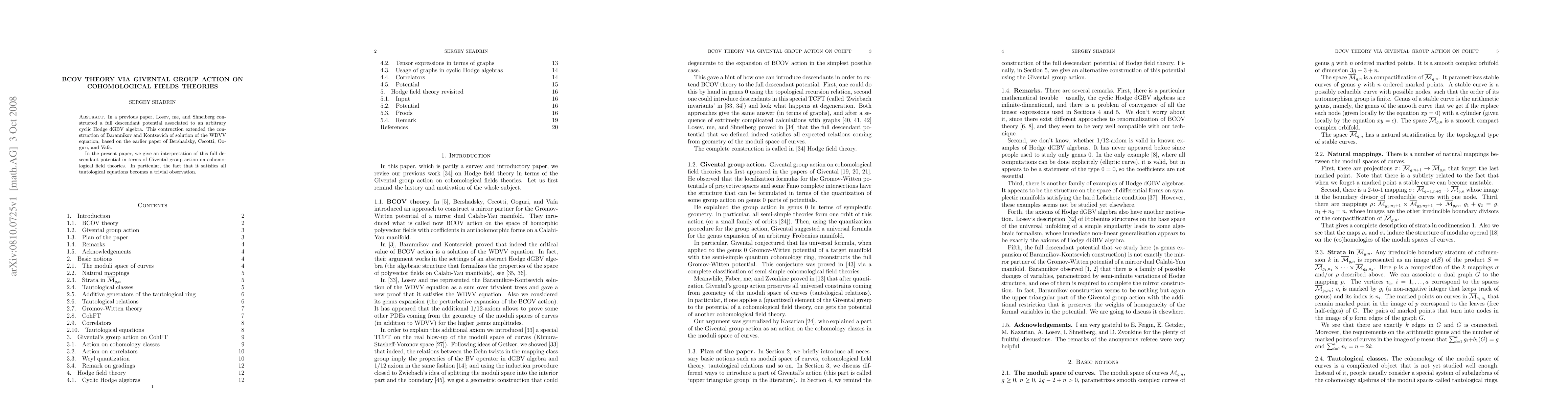 Thumbnail for BCOV theory via Givental group action on cohomological field theories