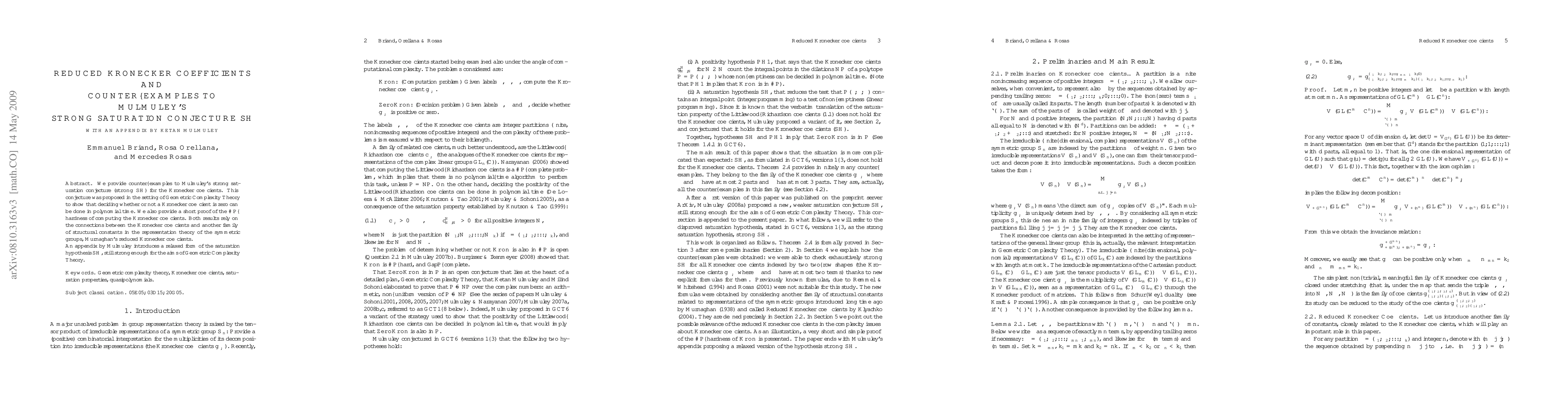 Thumbnail for Reduced Kronecker coefficients and counter-examples to Mulmuley's strong
  saturation conjecture SH