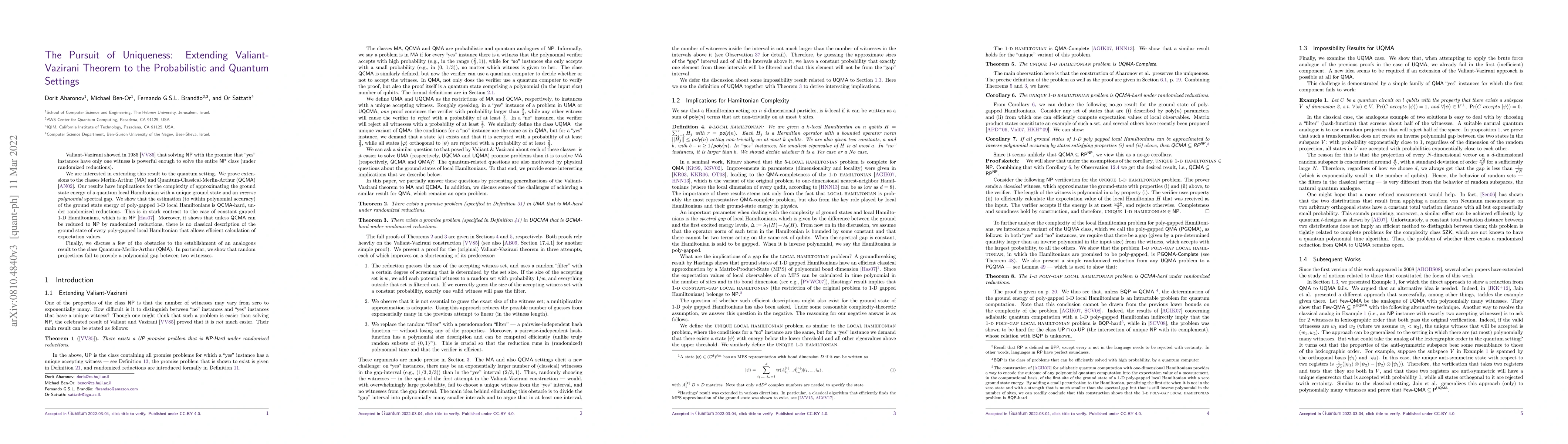 Thumbnail for The Pursuit of Uniqueness: Extending Valiant-Vazirani Theorem to the
  Probabilistic and Quantum Settings