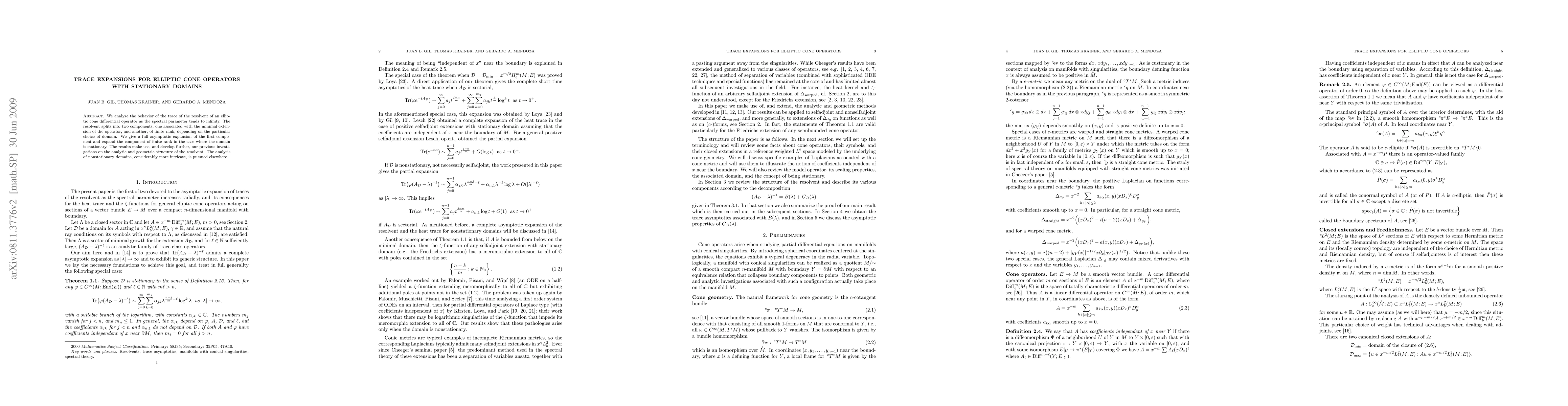 Thumbnail for Trace expansions for elliptic cone operators with stationary domains
