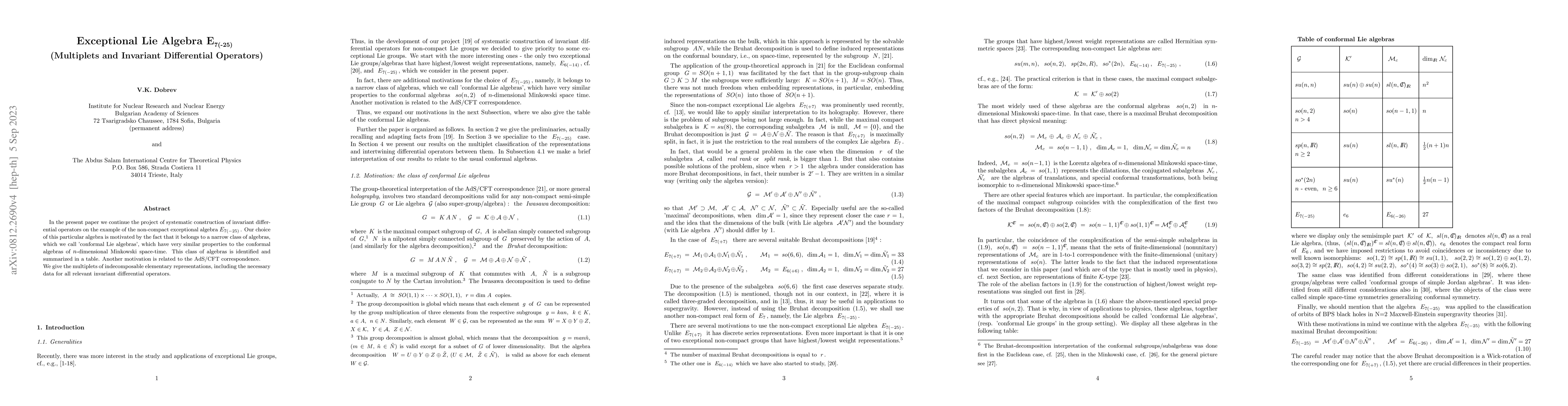 Thumbnail for Exceptional Lie Algebra $E_{7(-25)}$ (Multiplets and Invariant
  Differential Operators)