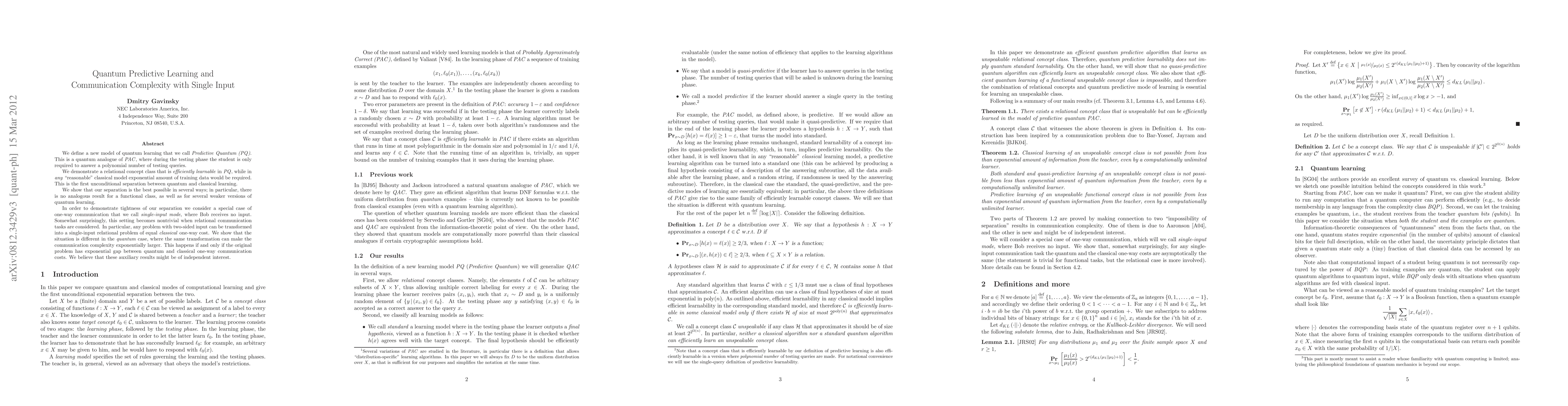 Thumbnail for Quantum Predictive Learning and Communication Complexity with Single
  Input