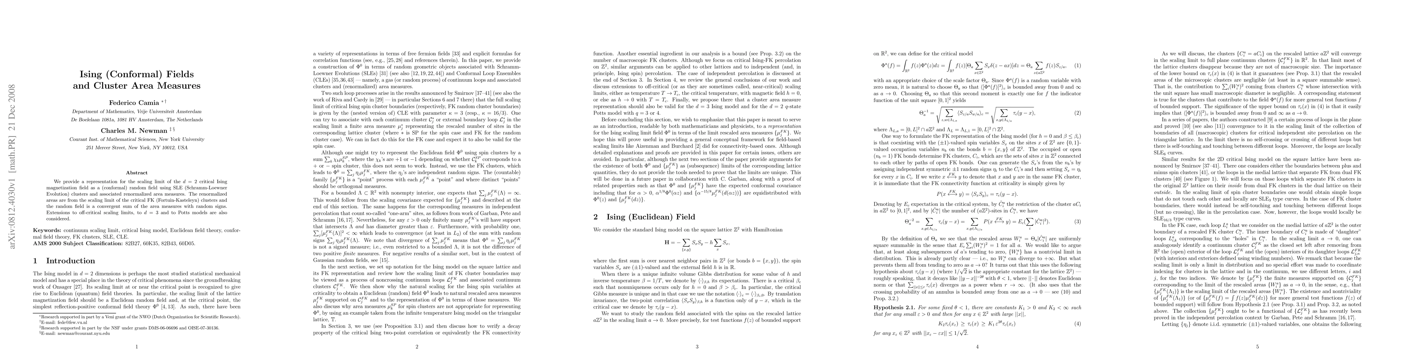 Thumbnail for Ising (Conformal) Fields and Cluster Area Measures