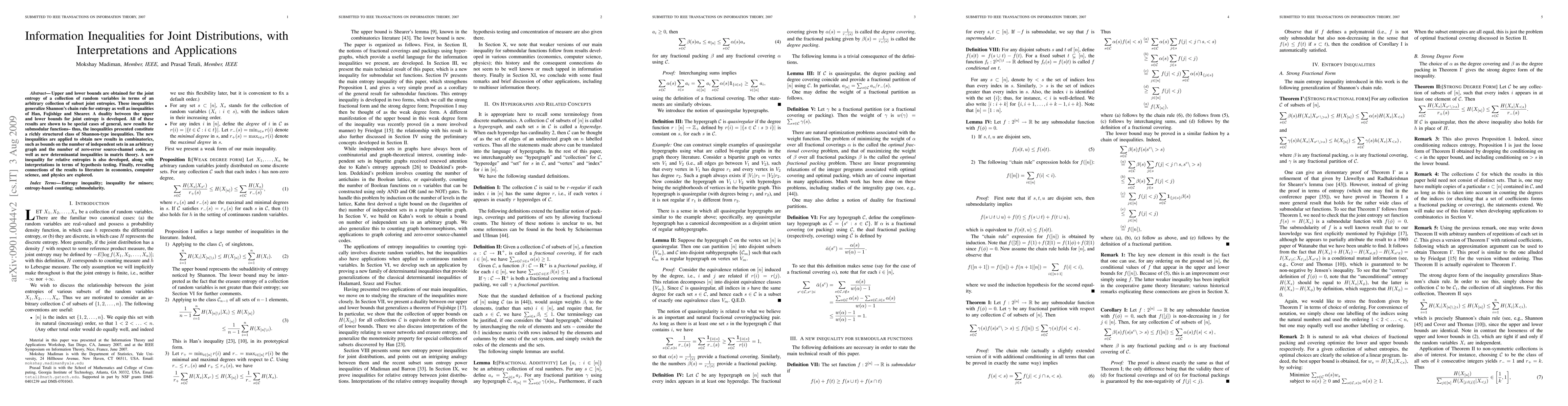 Thumbnail for Information Inequalities for Joint Distributions, with Interpretations
  and Applications