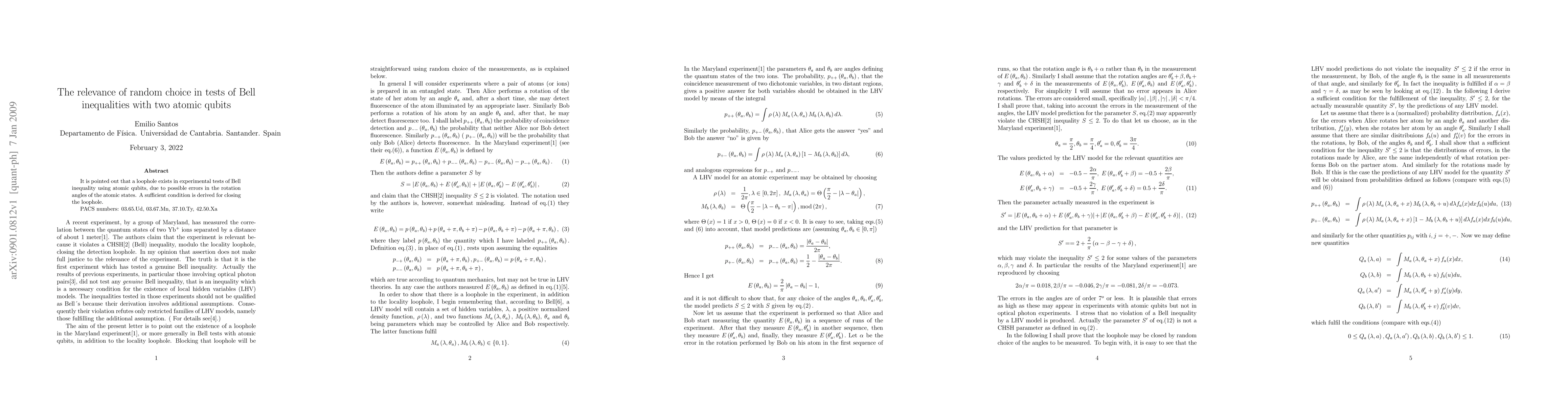 Thumbnail for The relevance of random choice in tests of Bell inequalities with atomic
  qubits