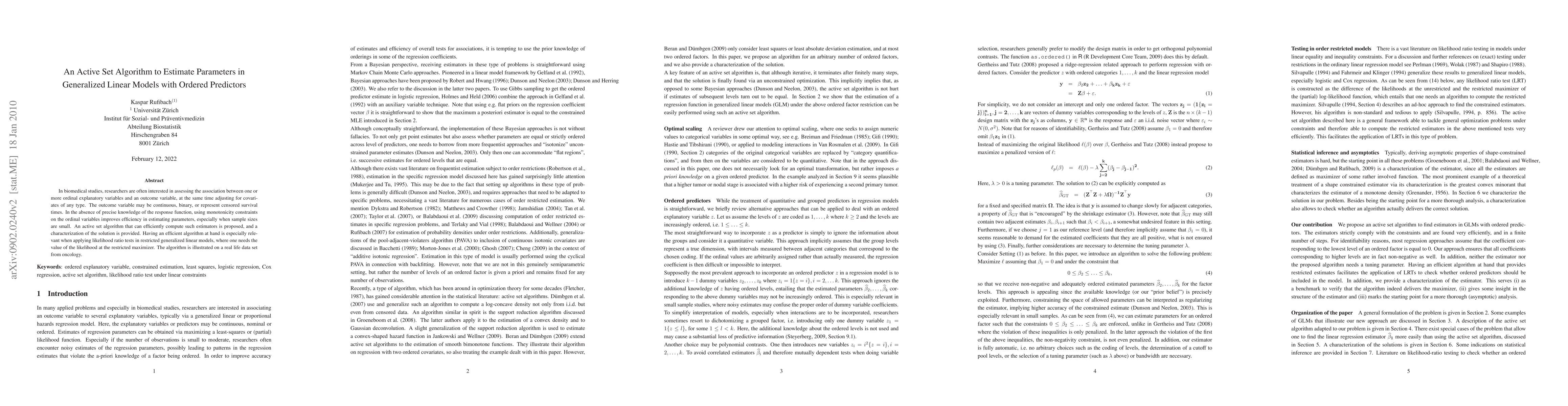 Thumbnail for An Active Set Algorithm to Estimate Parameters in Generalized Linear
  Models with Ordered Predictors