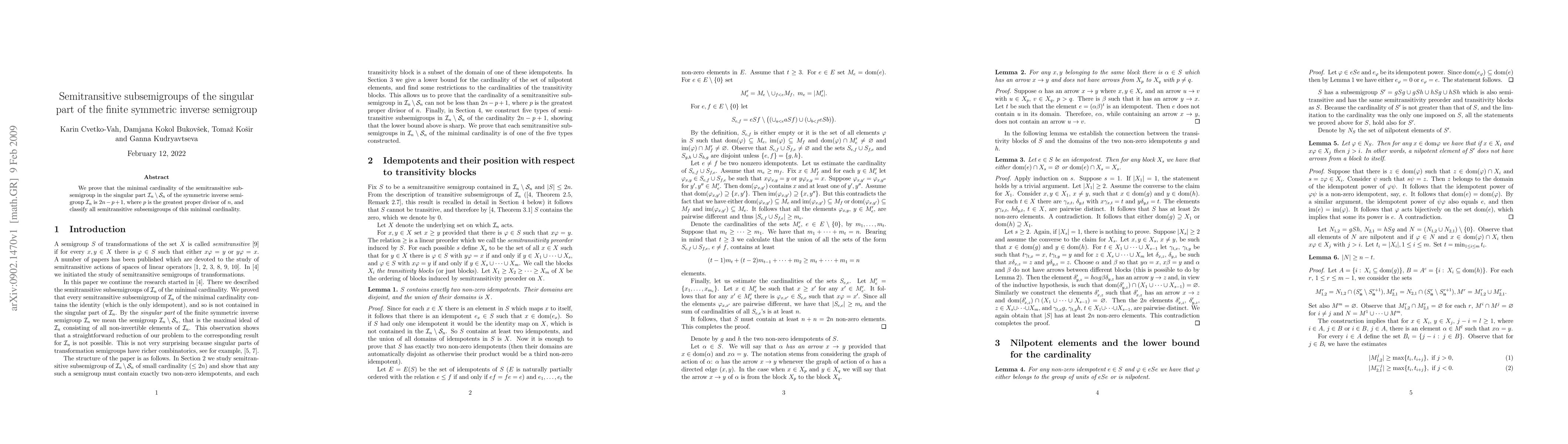 Thumbnail for Semitransitive subsemigroups of the singular part of the finite
  symmetric inverse semigroup