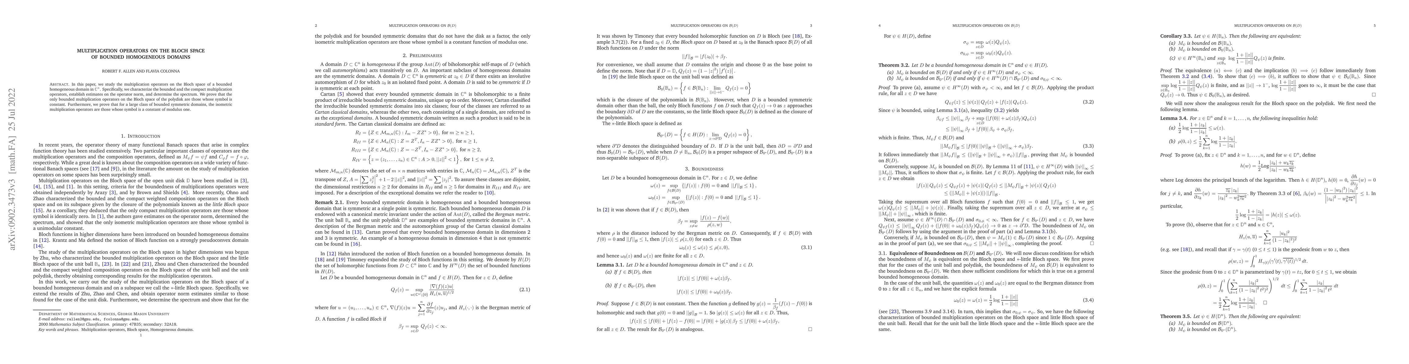 Thumbnail for Multiplication operators on the Bloch space of bounded homogeneous
  domains