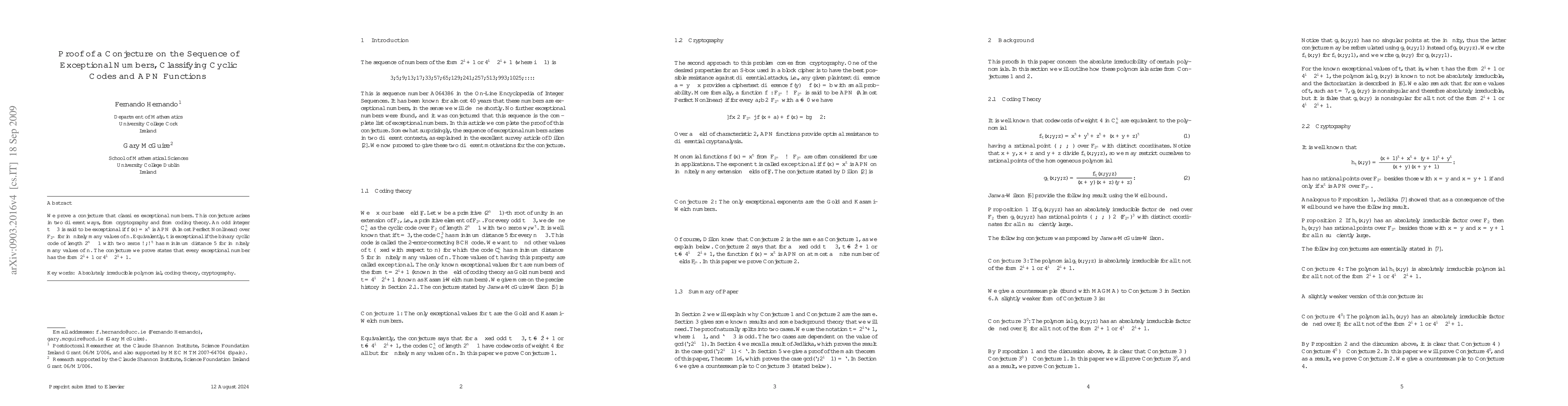 Thumbnail for Proof of a Conjecture on the Sequence of Exceptional Numbers,
  Classifying Cyclic Codes and APN Functions