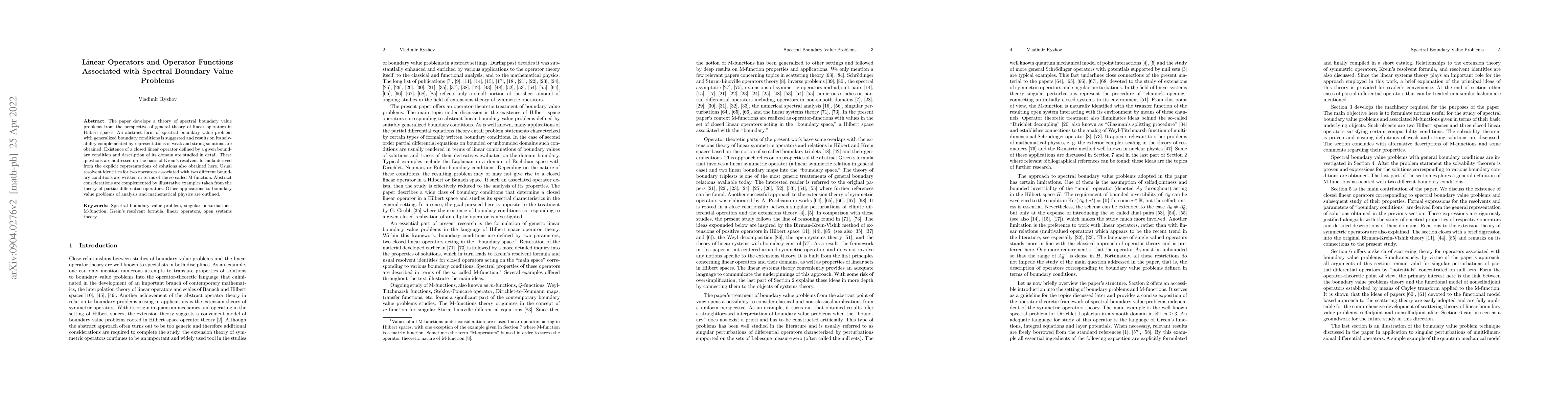 Thumbnail for Linear Operators and Operator Functions Associated with Spectral
  Boundary Value Problems
