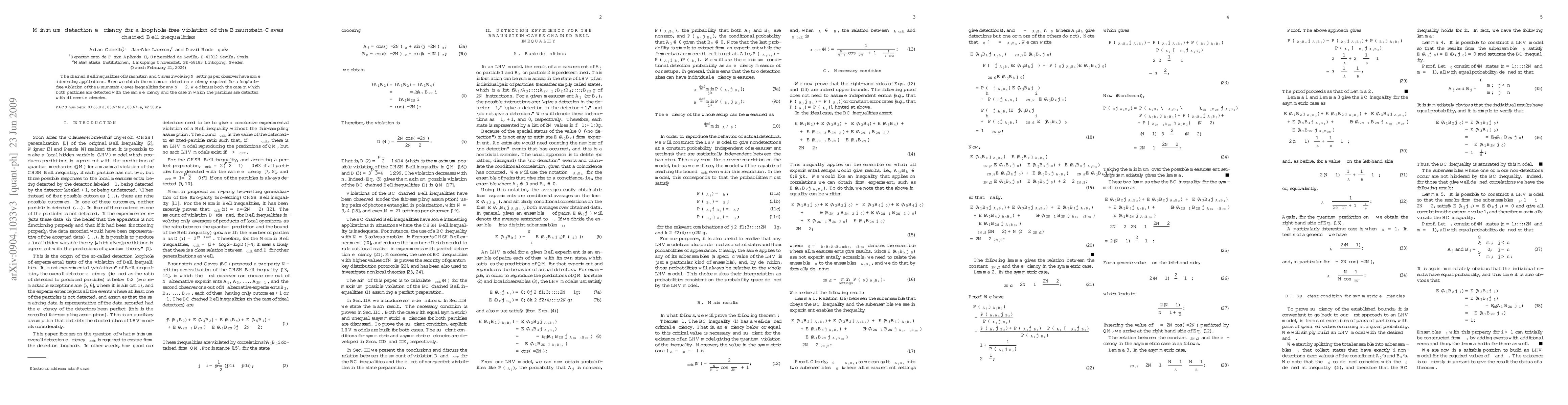 Thumbnail for Minimum detection efficiency for a loophole-free violation of the
  Braunstein-Caves chained Bell inequalities
