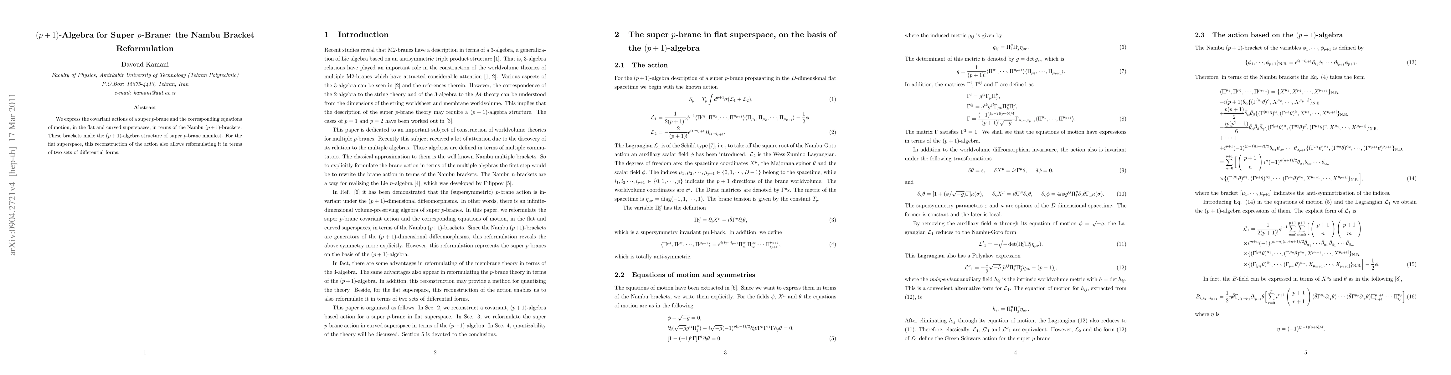 Thumbnail for (p+1)-Algebra for Super p-Brane: the Nambu Bracket Reformulation