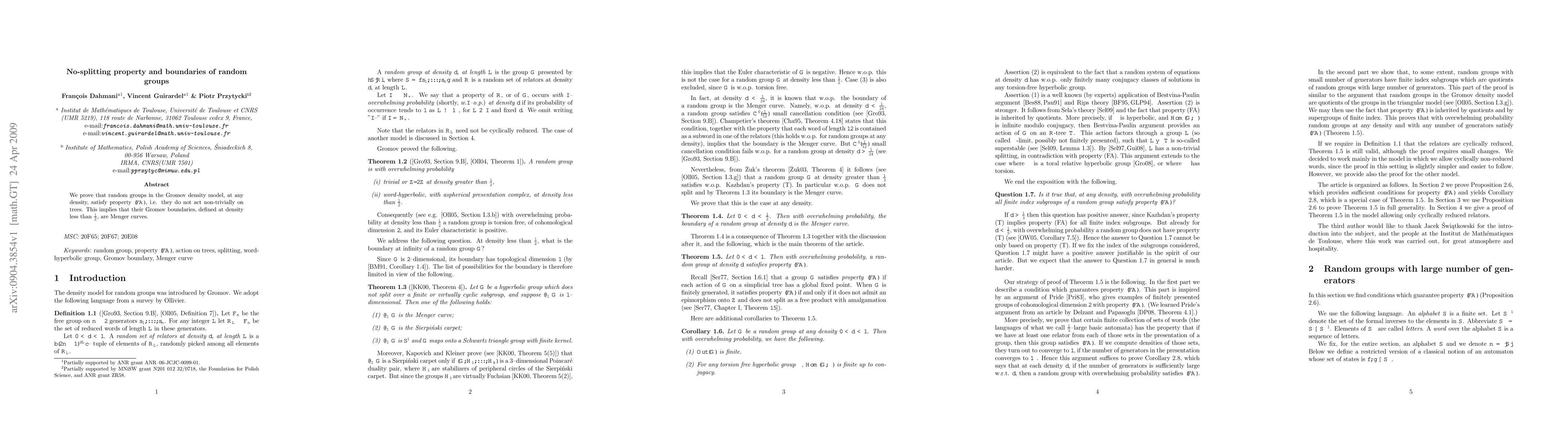 Thumbnail for No-splitting property and boundaries of random groups