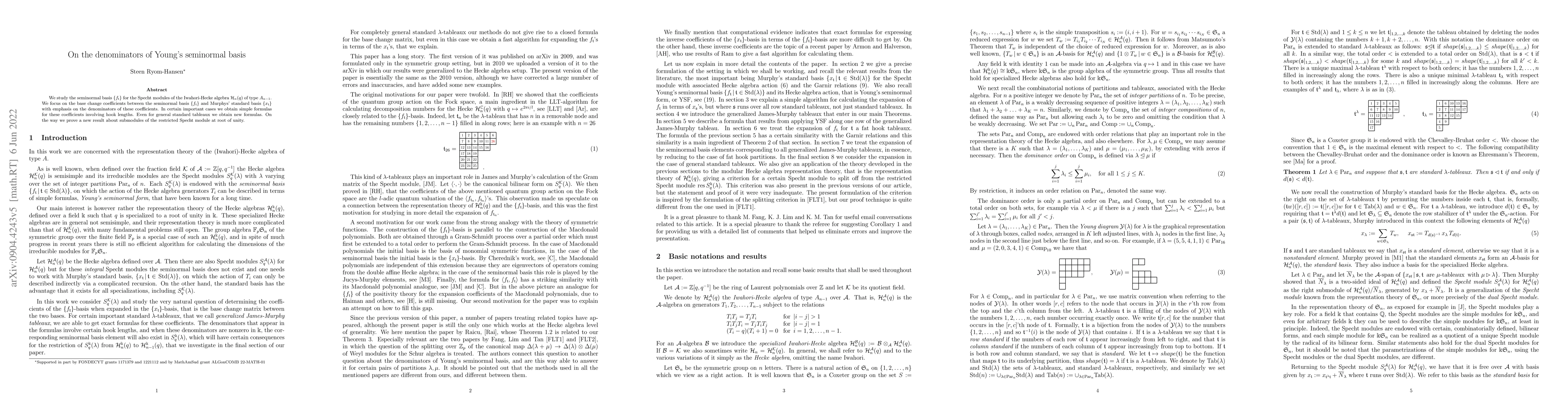 Thumbnail for On the denominators of Young's seminormal basis