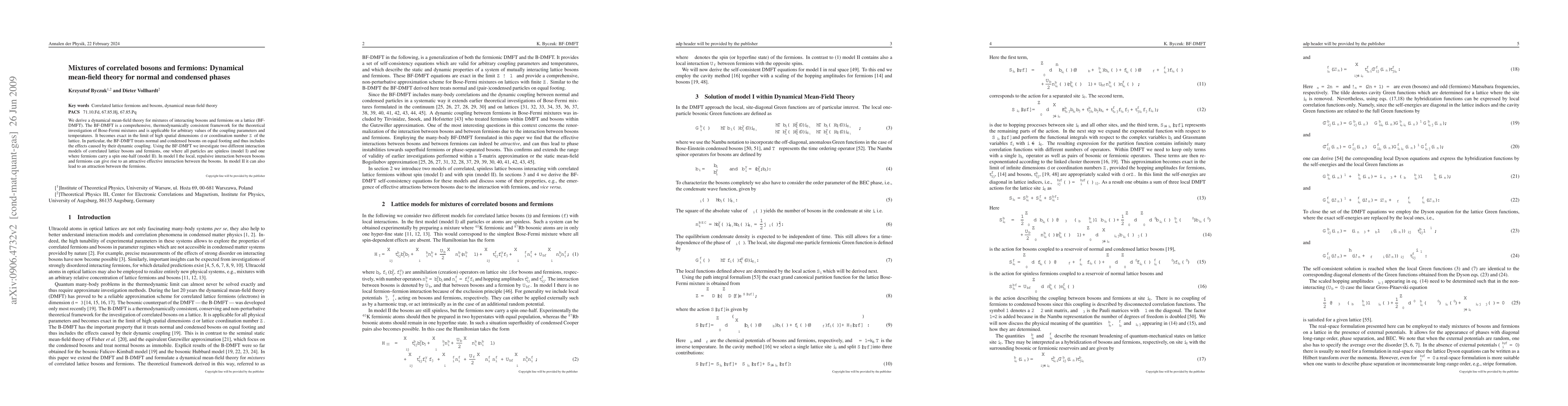 Thumbnail for Mixtures of correlated bosons and fermions: Dynamical mean-field theory
  for normal and condensed phases