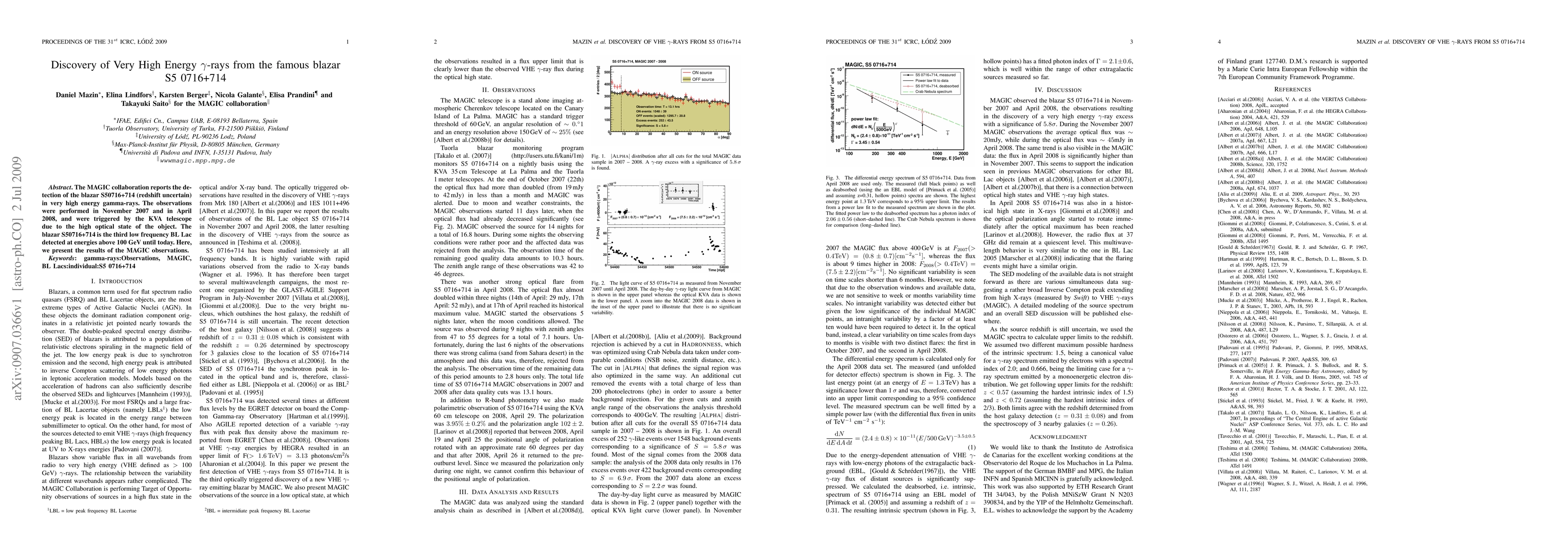 Thumbnail for Discovery of Very High Energy gamma-rays from the blazar S5 0716+714