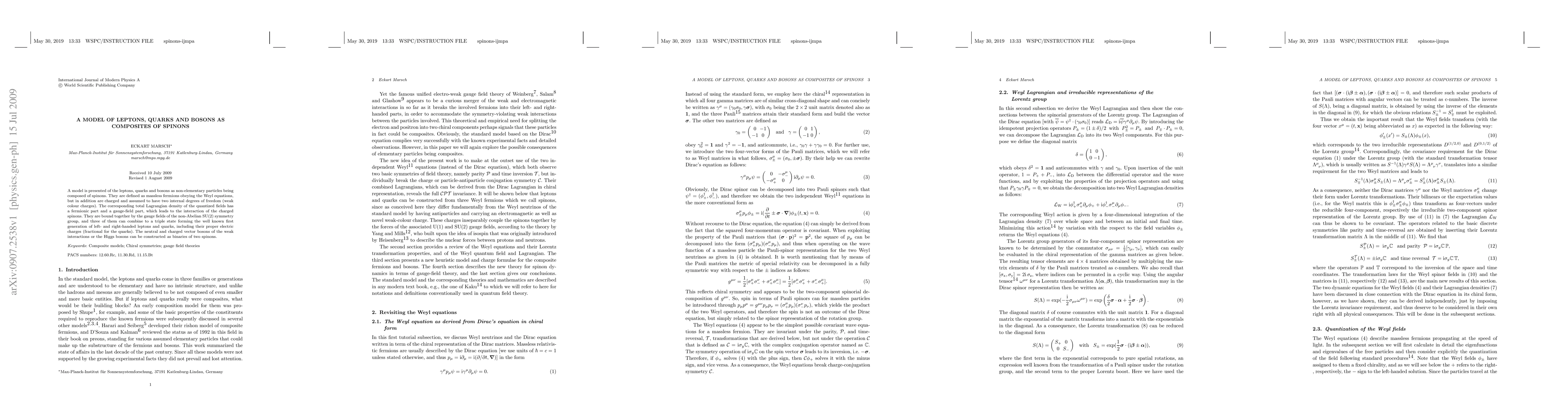 Thumbnail for A model of leptons, quarks and bosons as composites of spinons
