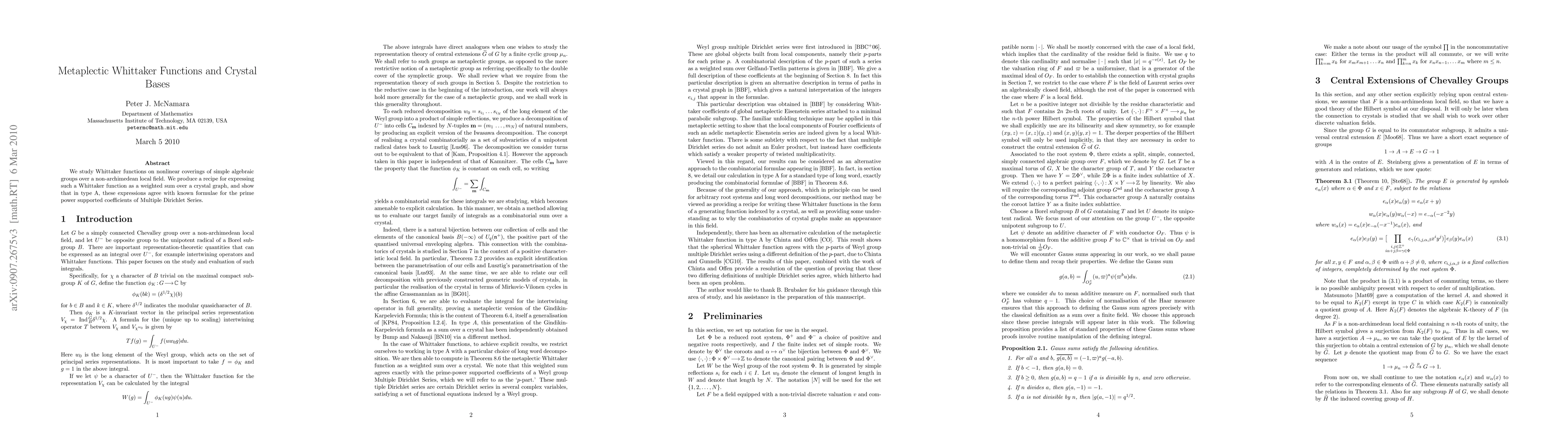 Thumbnail for Metaplectic Whittaker Functions and Crystal Bases