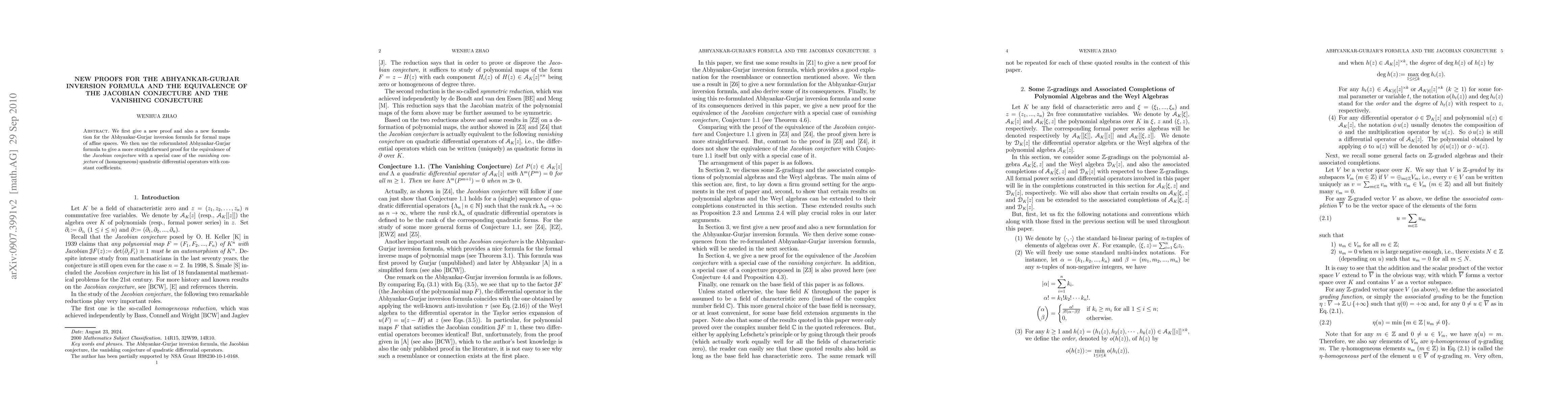 Thumbnail for New Proofs for the Abhyankar-Gurjar Inversion Formula and the
  Equivalence of the Jacobian Conjecture and the Vanishing Conjecture