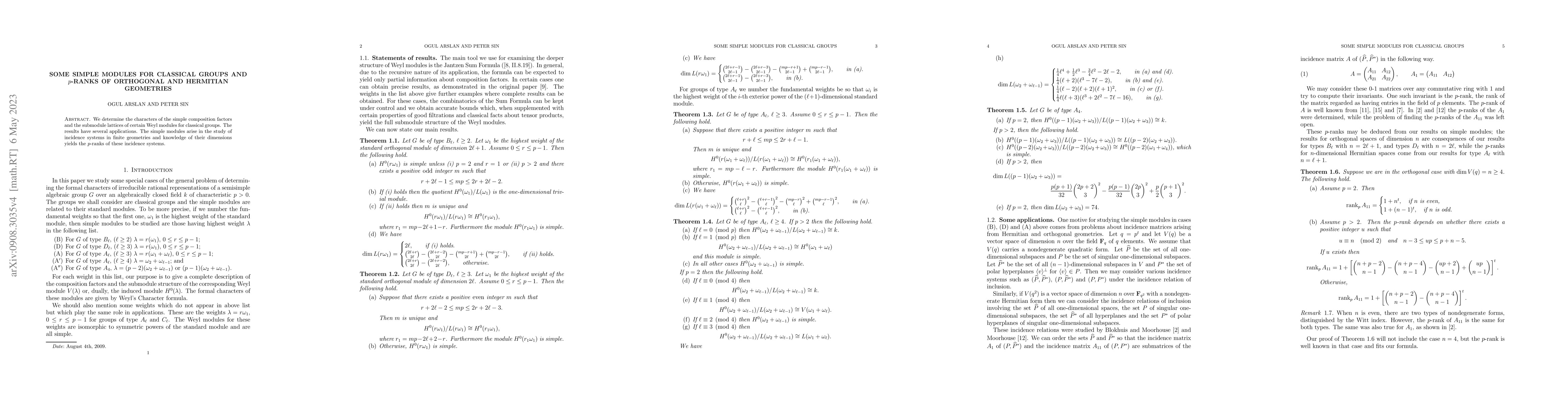Thumbnail for Some simple modules for classical groups and $p$-ranks of orthogonal and
  Hermitian geometries