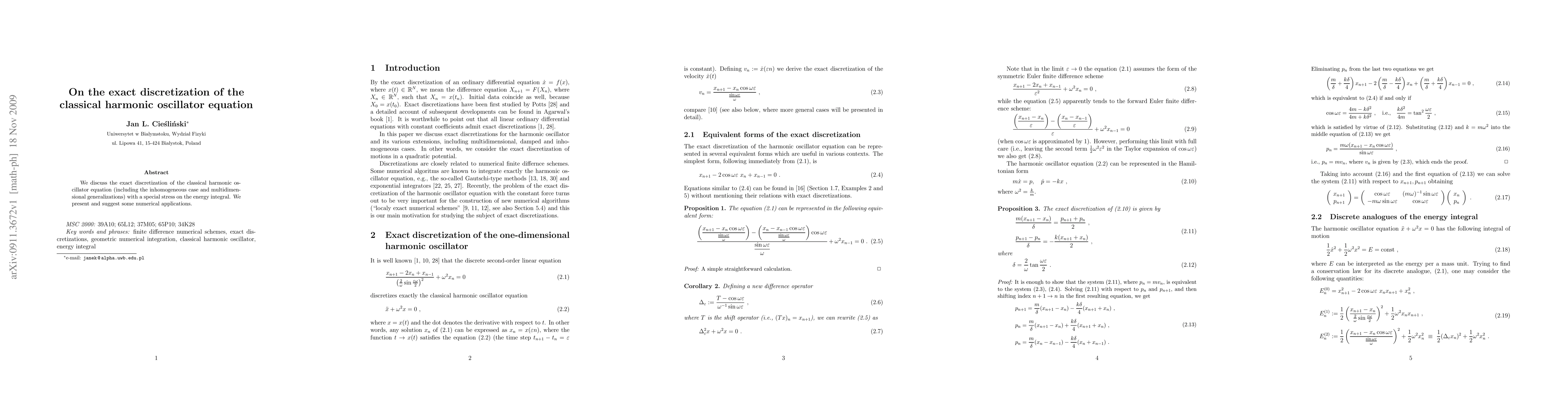 Thumbnail for On the exact discretization of the classical harmonic oscillator
  equation