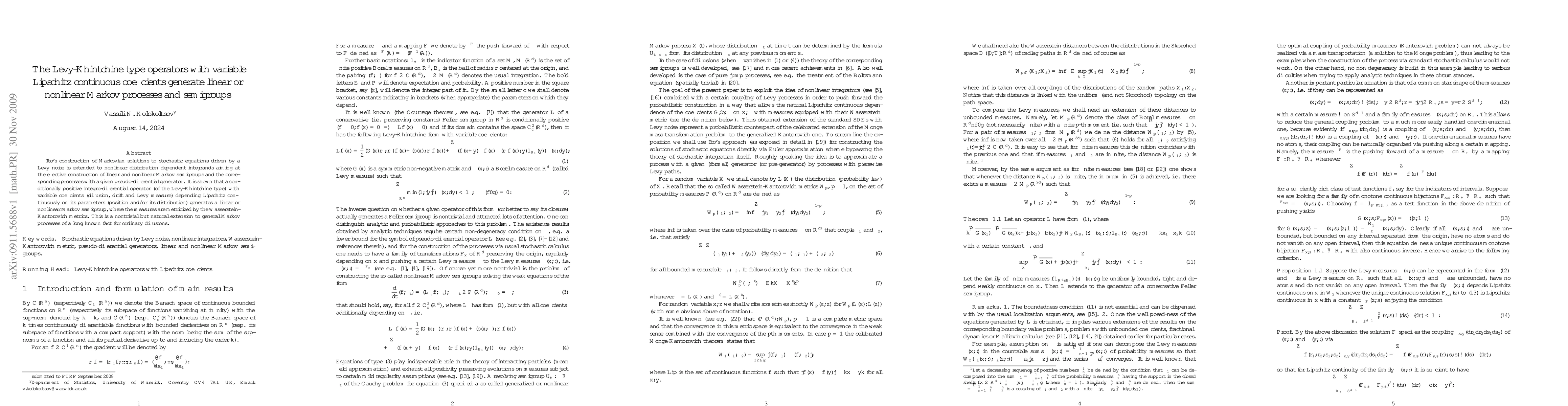 Thumbnail for The L\'evy-Khintchine type operators with variable Lipschitz continuous
  coefficients generate linear or nonlinear Markov processes and semigroups